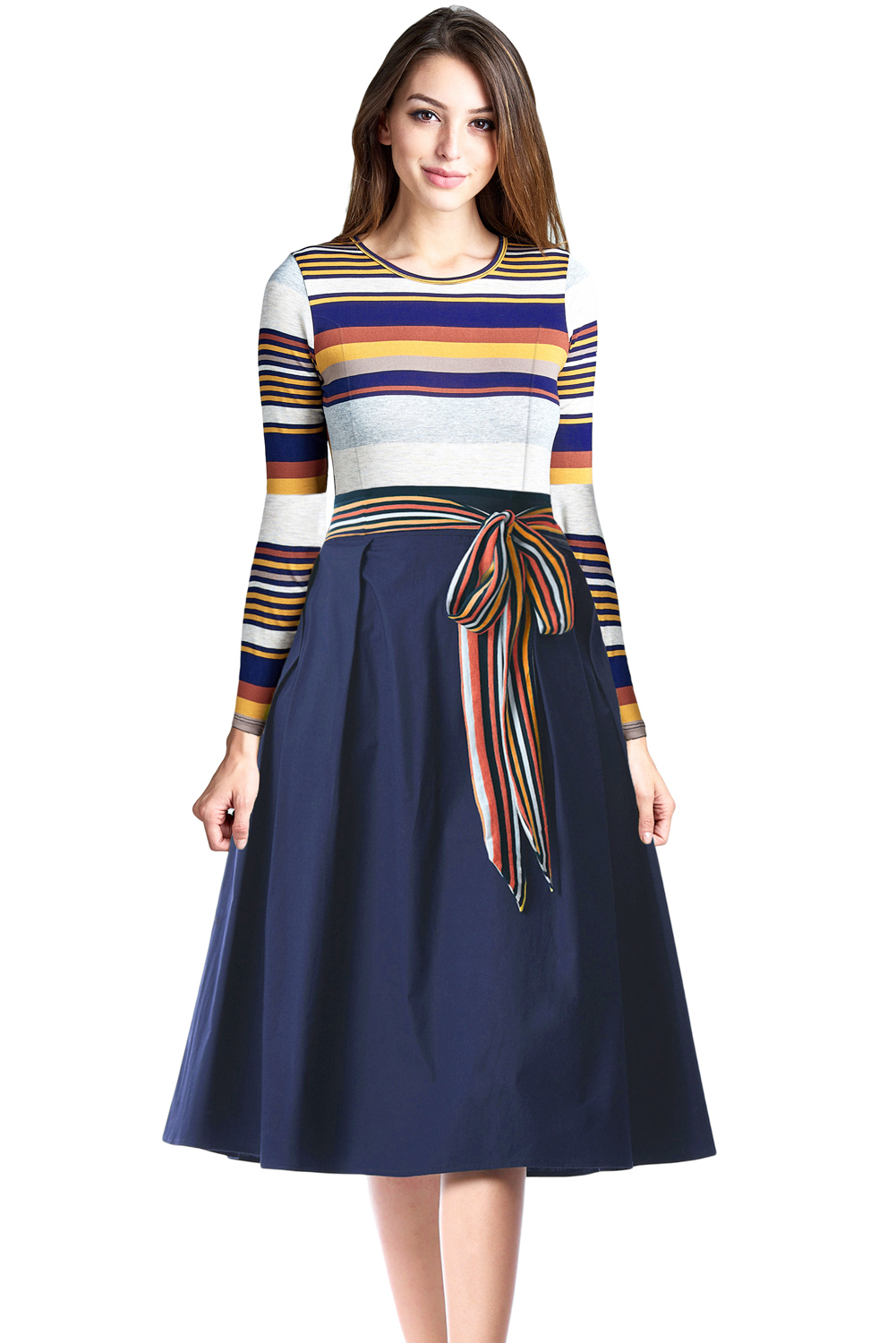 BY610400-22 Navy  Striped Poplin Sash Tie Midi Dress